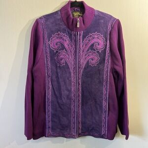 Bob Mackie Wearable Art Leather Suede & Knit Sweater Jacket Size L Cardigan Zips